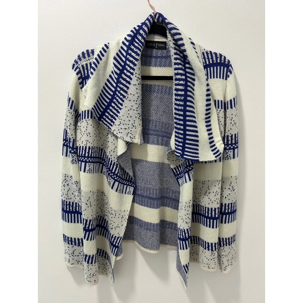 Lulu Fushi Blue White Geometric Open Front Waterfall Cardigan Sweater Small